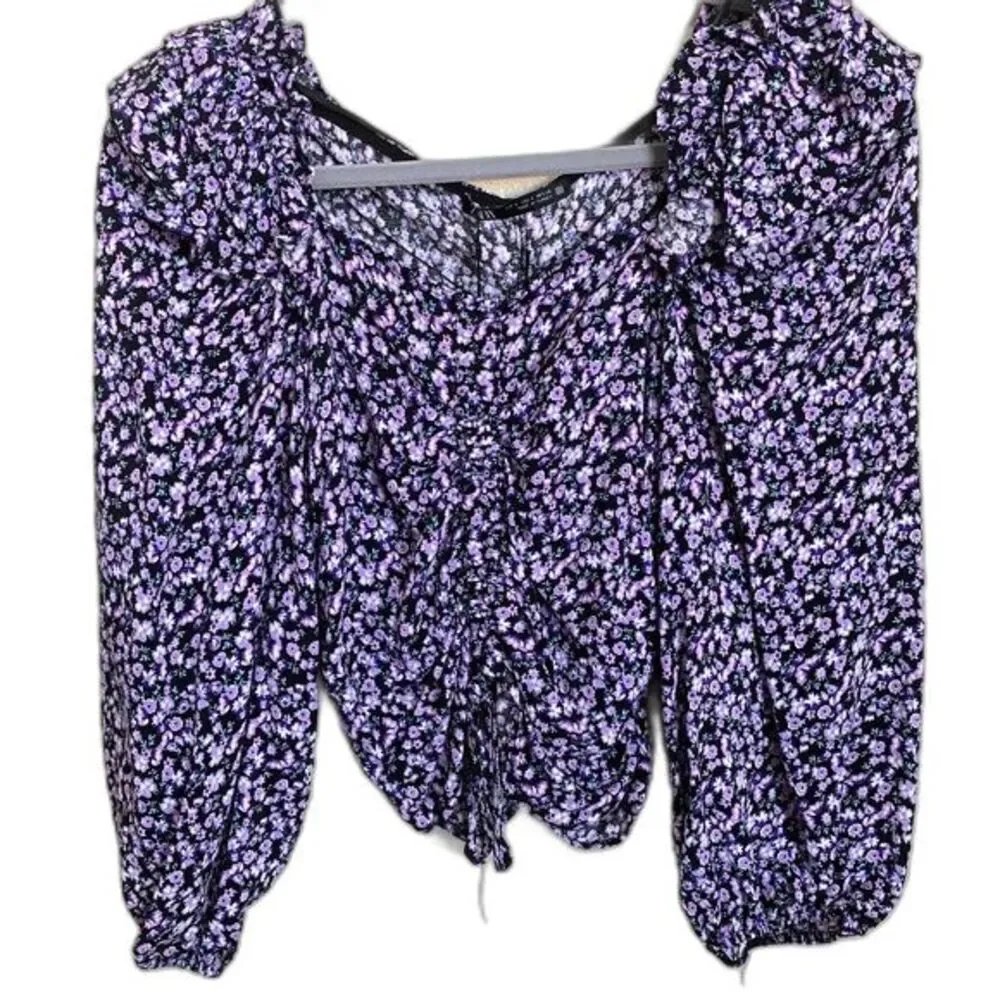 Zara Purple top floral long sleeve front drawstring size S boho bohemian